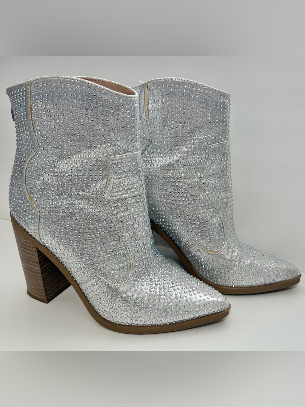 SHEIN Silver Crystal Embellished Western Booties - Women's Size 7.5